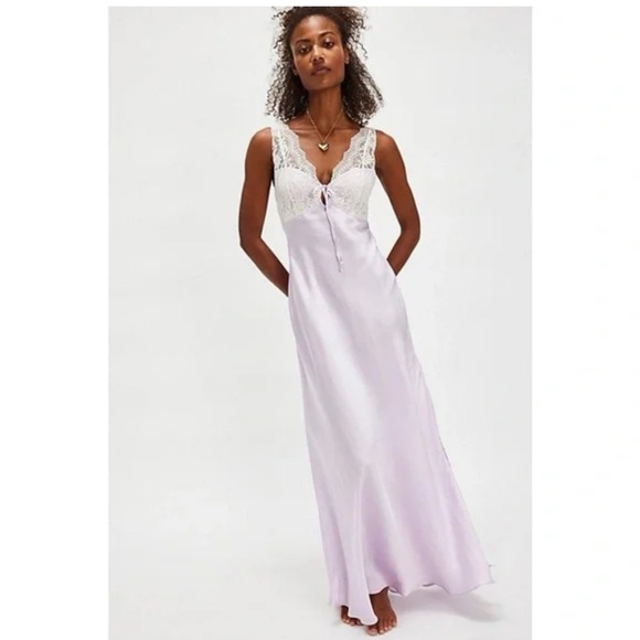 Free People Countryside Lilac Purple Satin Lace Trim Slip Maxi Dress Sz S - Picture 3 of 15